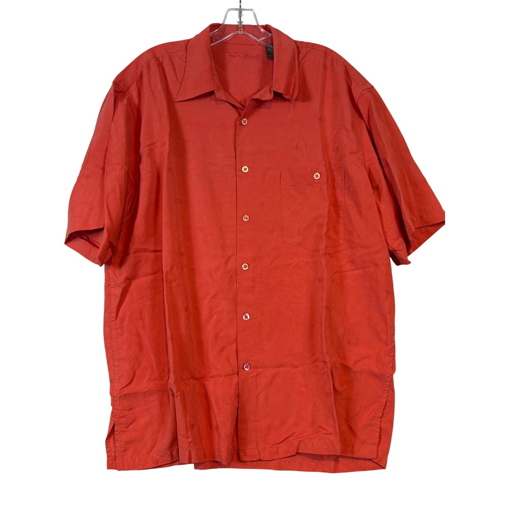 Tori Richard Mens L Silk Jacquard Palm Tree Button Down Shirt Coral Orange Short